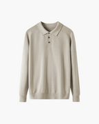 Men's Plain Long-Sleeve Polo With Three-Button Neck - Beige