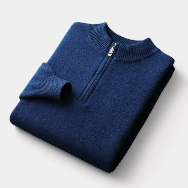 Men's Plain Quarter-Zip Jumper With Ribbed Stand Neck - Navy