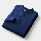 Men's Plain Quarter-Zip Jumper With Ribbed Stand Neck - Navy