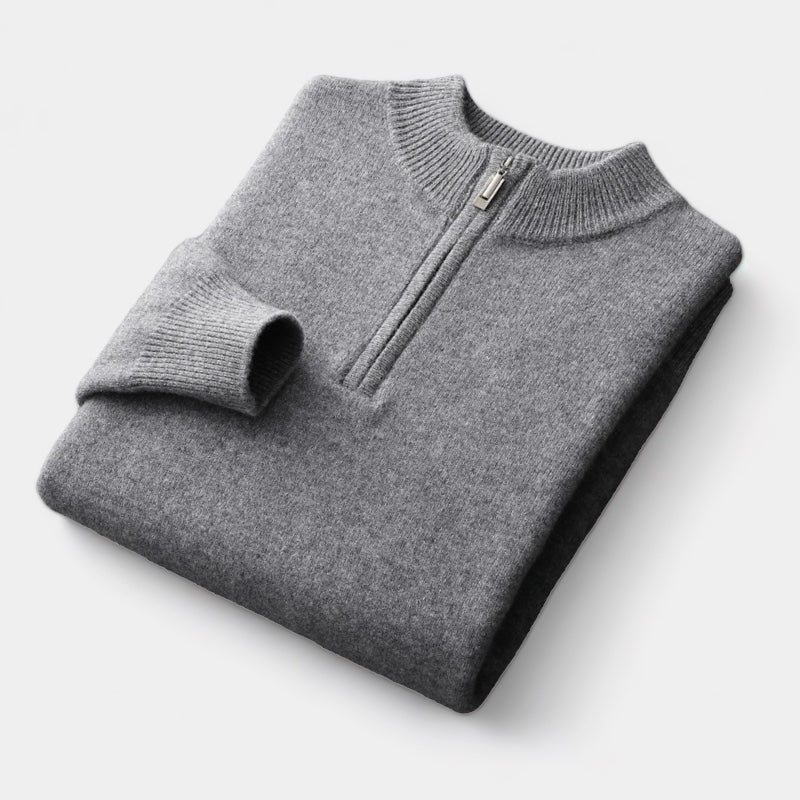 Men's Plain Quarter-Zip Jumper With Ribbed Stand Neck - Dark Grey