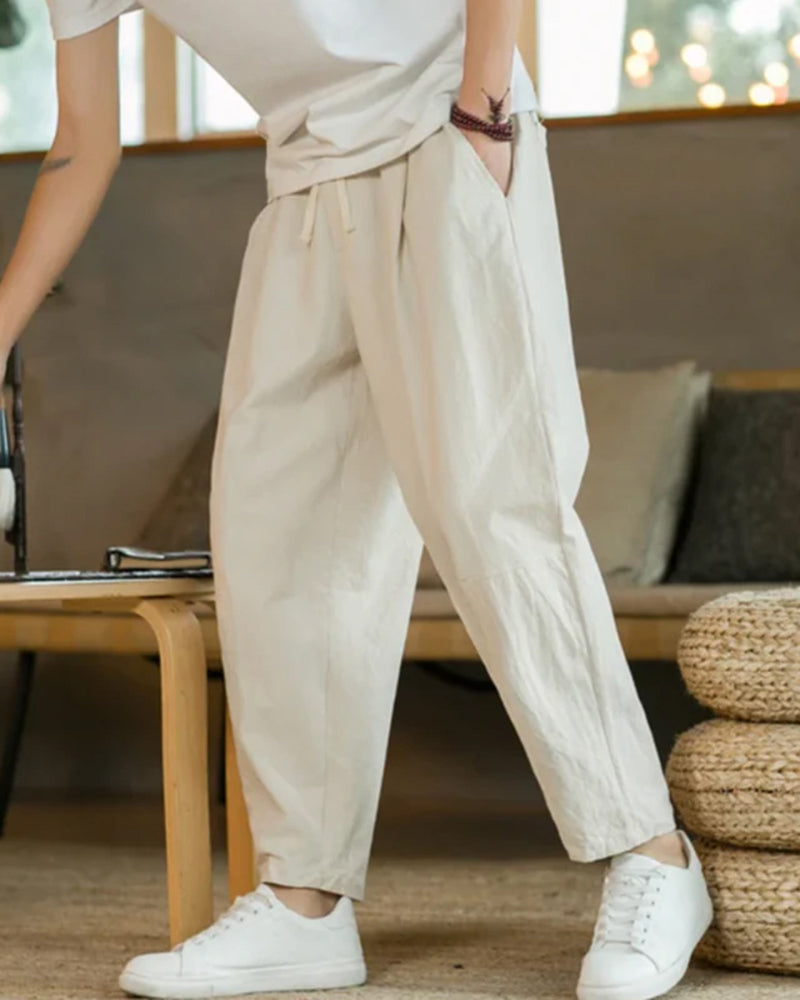 Men's Pleated Drawstring Trousers With Tapered Legs - Beige