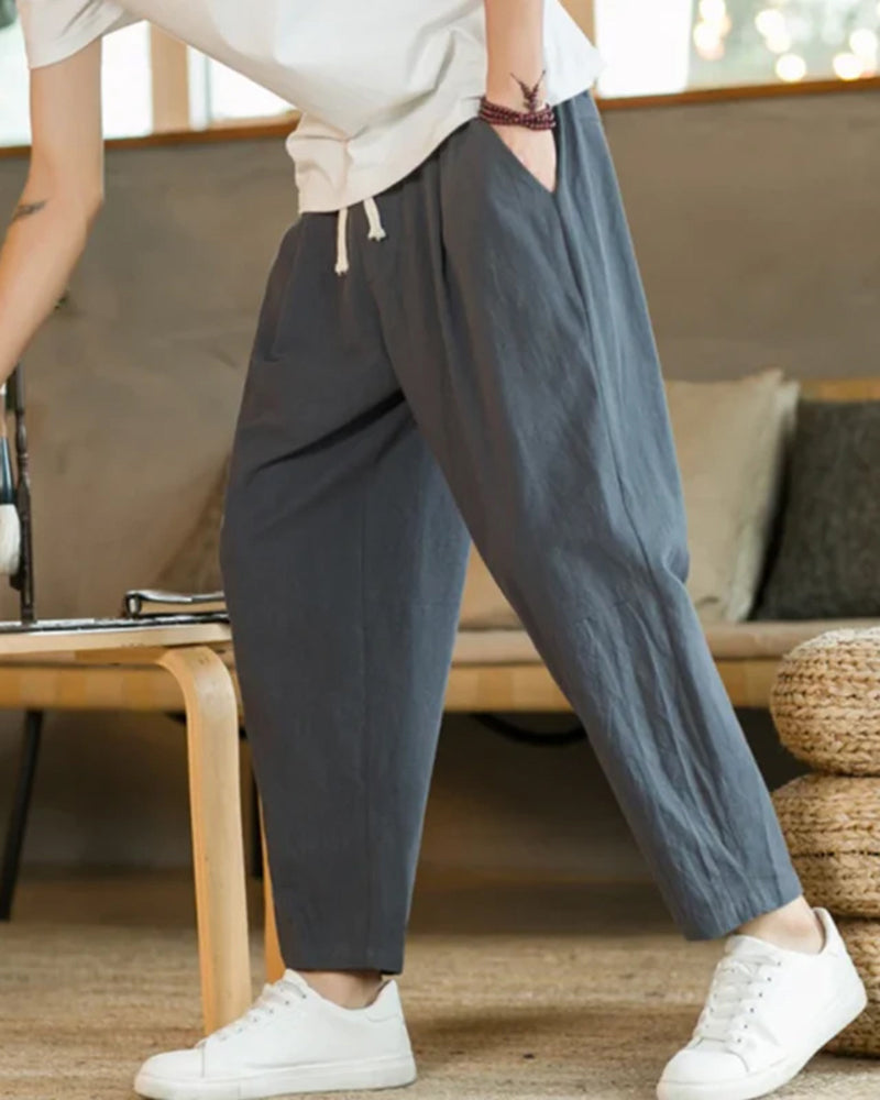Men's Pleated Drawstring Trousers With Tapered Legs - Dark Grey
