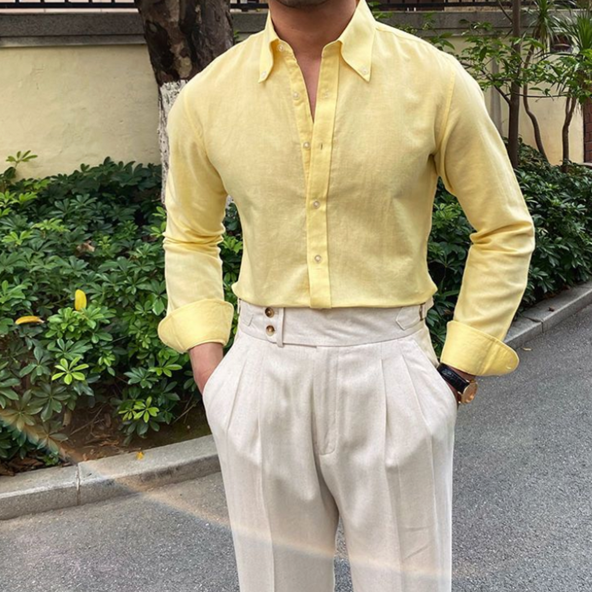 Men's Relaxed Button-Down Shirt With Curved Hem - Yellow