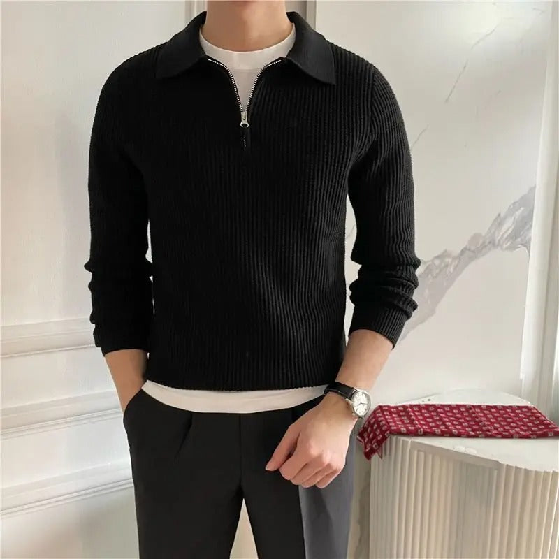 Men's Ribbed Half-Zip Jumper With Flat Knitted Collar - Black