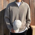 Men's Ribbed Half-Zip Jumper With Stand Collar - Grey