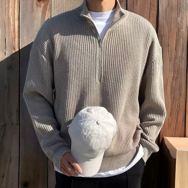 Men's Ribbed Half-Zip Jumper With Stand Collar - Grey