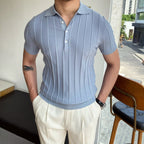 Men's Ribbed Knit Polo With Three-Button Placket - Blue