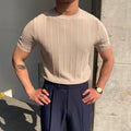 Men's Ribbed Knit T-Shirt With Plain Crew Neckline - Beige