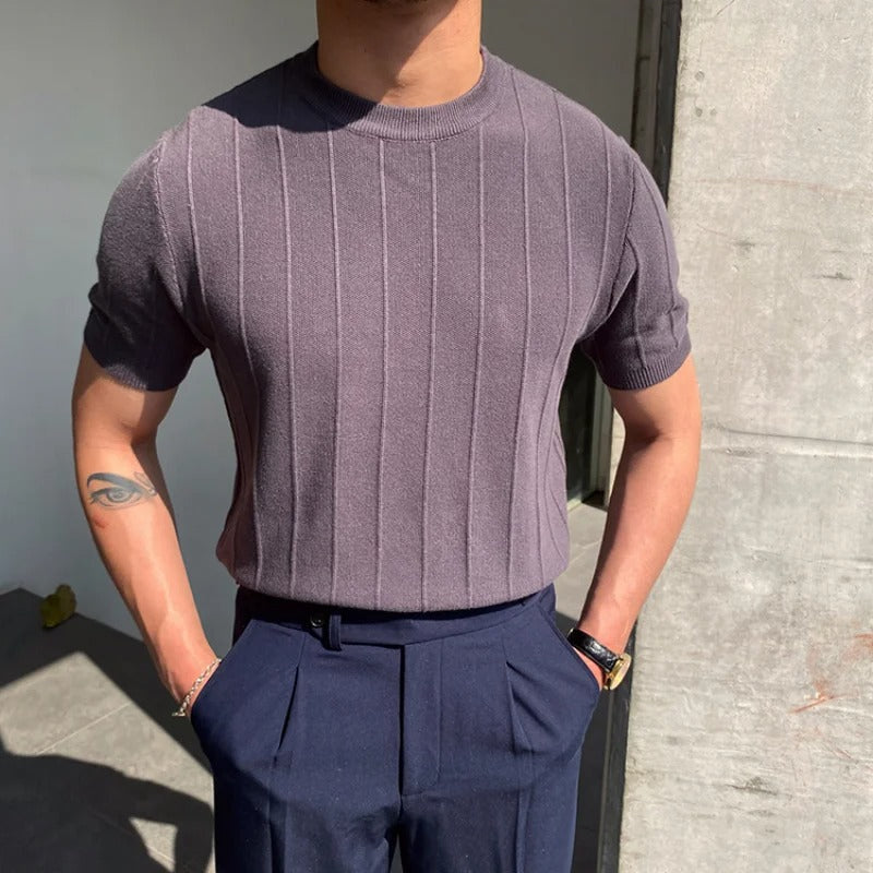 Men's Ribbed Knit T-Shirt With Plain Crew Neckline - Grey