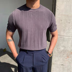 Men's Ribbed Knit T-Shirt With Plain Crew Neckline - Grey