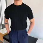 Men's Ribbed Knit T-Shirt With Plain Crew Neckline - Black