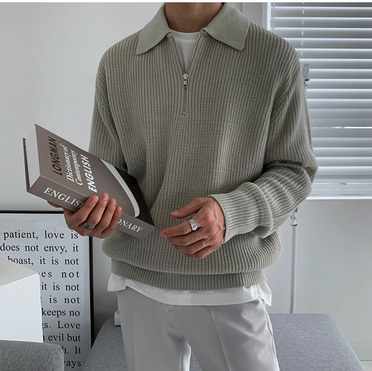 Men's Ribbed Zip Jumper With Broad Turned Collar - Grey