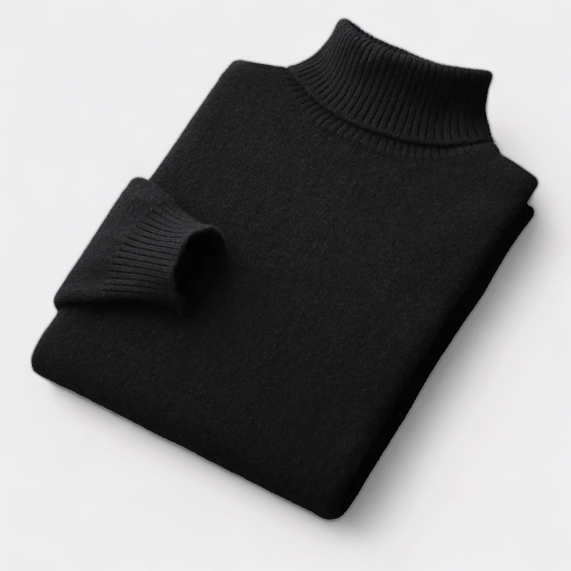 Men's Roll Neck Jumper With Folded Collar And Ribbed Trims - Black