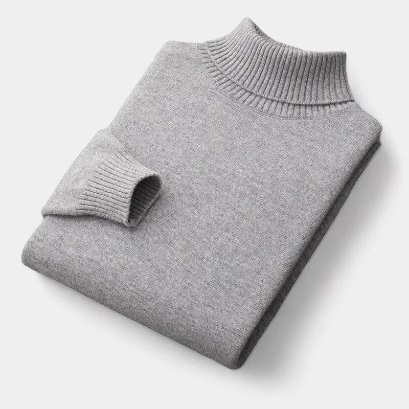 Men's Roll Neck Jumper With Folded Collar And Ribbed Trims - Light Grey
