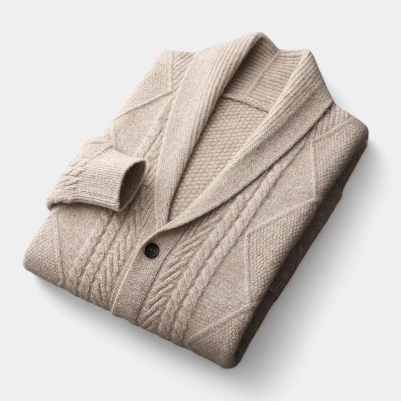 Men's Shawl Collar Cardigan With Cable-Knit Front - Camel