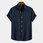 Men's Short-Sleeve Camp Collar Shirt With Plain Front - Navy