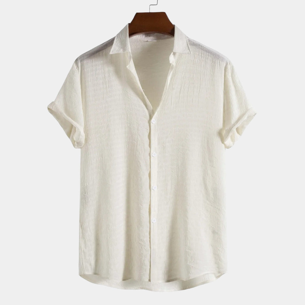 Men's Short-Sleeve Camp Collar Shirt With Plain Front - Beige