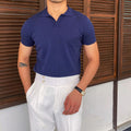 Men's Short-Sleeve Knitted Polo With Open V Collar - Blue