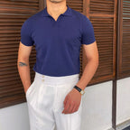 Men's Short-Sleeve Knitted Polo With Open V Collar - Blue