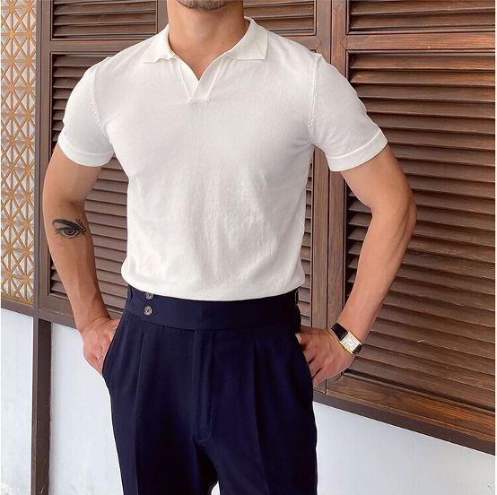 Men's Short-Sleeve Knitted Polo With Open V Collar - White