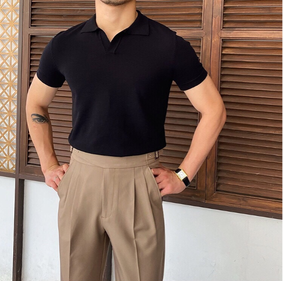 Men's Short-Sleeve Knitted Polo With Open V Collar - Black
