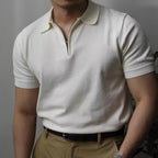 Men's Short-Sleeve Knitted Polo With Quarter Zip Neck - White