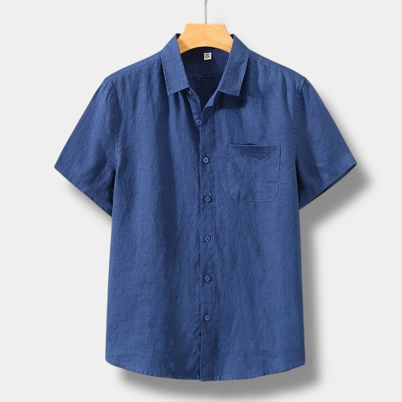 Men's Short-Sleeve Shirt With Patch Pocket And Point Collar - Blue