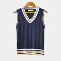 Men's Sleeveless V-Neck Knit Vest With Contrast Tipping - Blue and White
