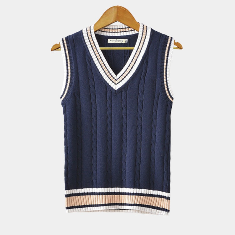 Men's Sleeveless V-Neck Knit Vest With Contrast Tipping - Blue and White