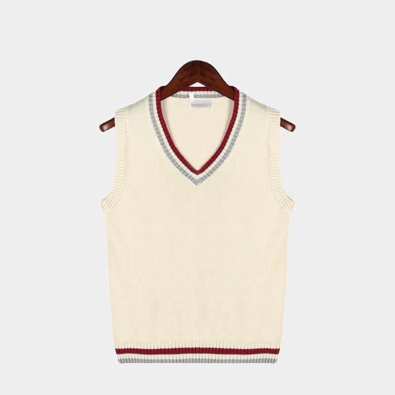 Men's Sleeveless V-Neck Knit Vest With Contrast Tipping - Beige