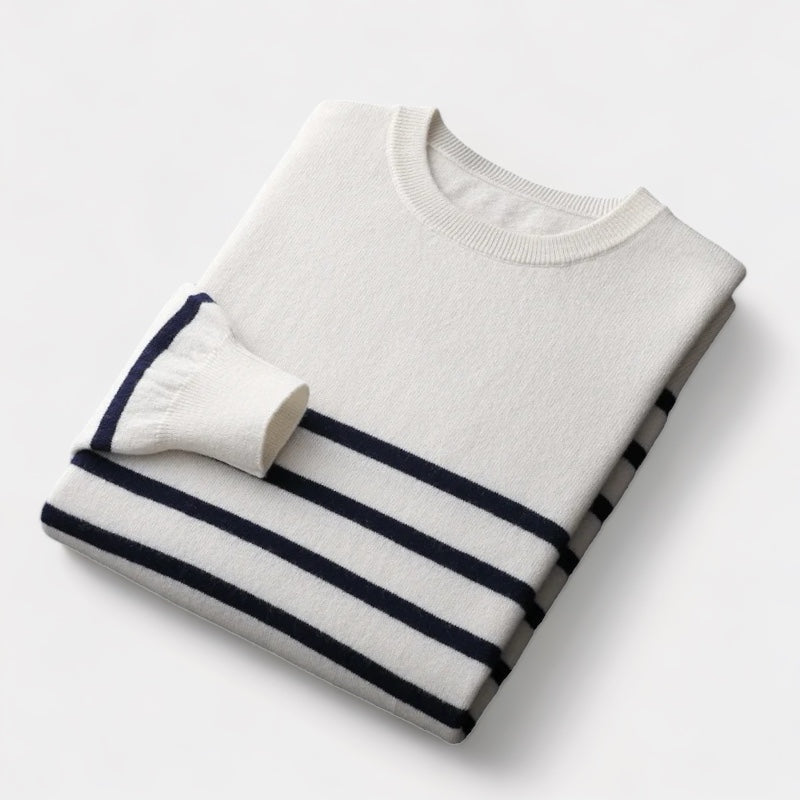 Men's Striped Crew Neck Jumper With Ribbed Neckline - White