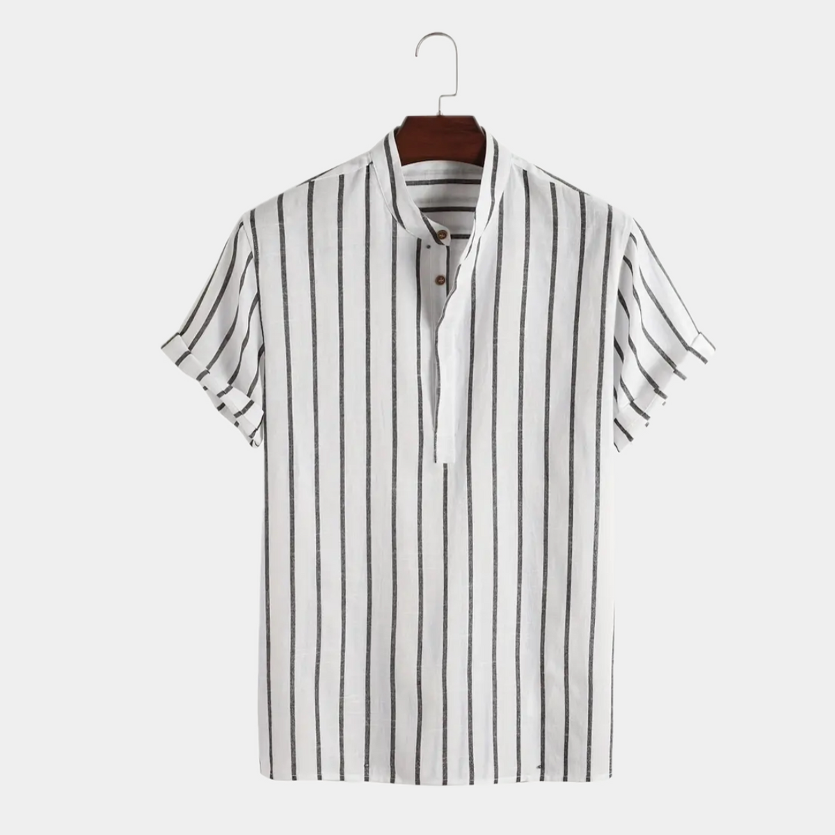 Men's Striped Short-Sleeve Shirt With Band Collar - White