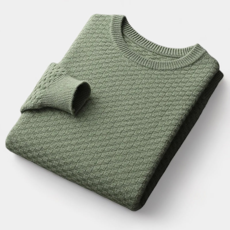 Men's Textured Crew Neck Jumper With All-Over Pattern - Military Green