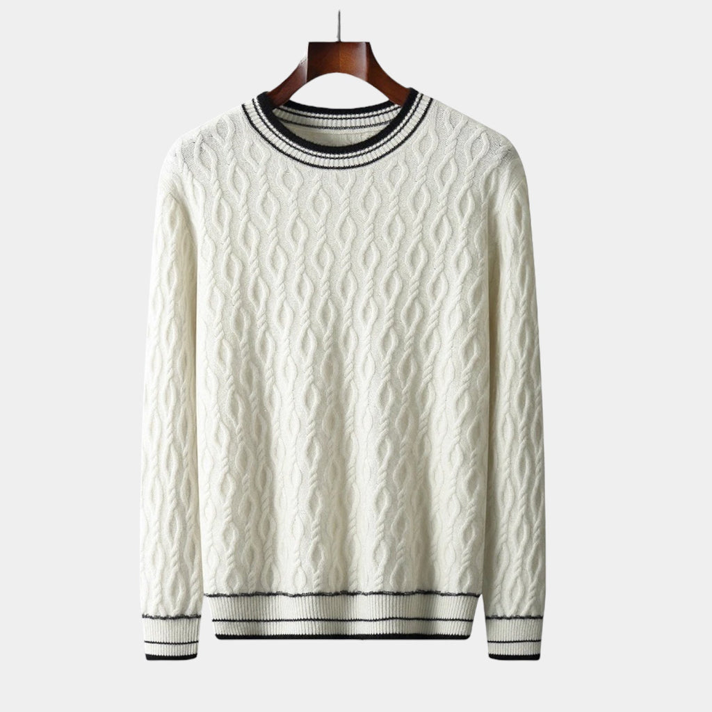 Men's Textured Crew Neck Jumper With Tipped Neck And Hem - White
