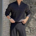 Men's Textured Half-Zip Jumper With Ribbed Stand Collar - Black