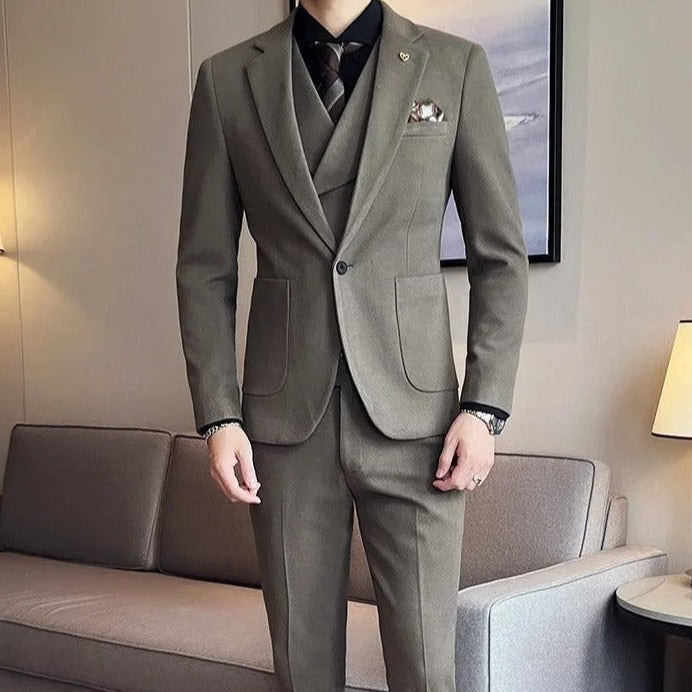 Men's Three-Piece Suit With Matching Waistcoat - Khaki