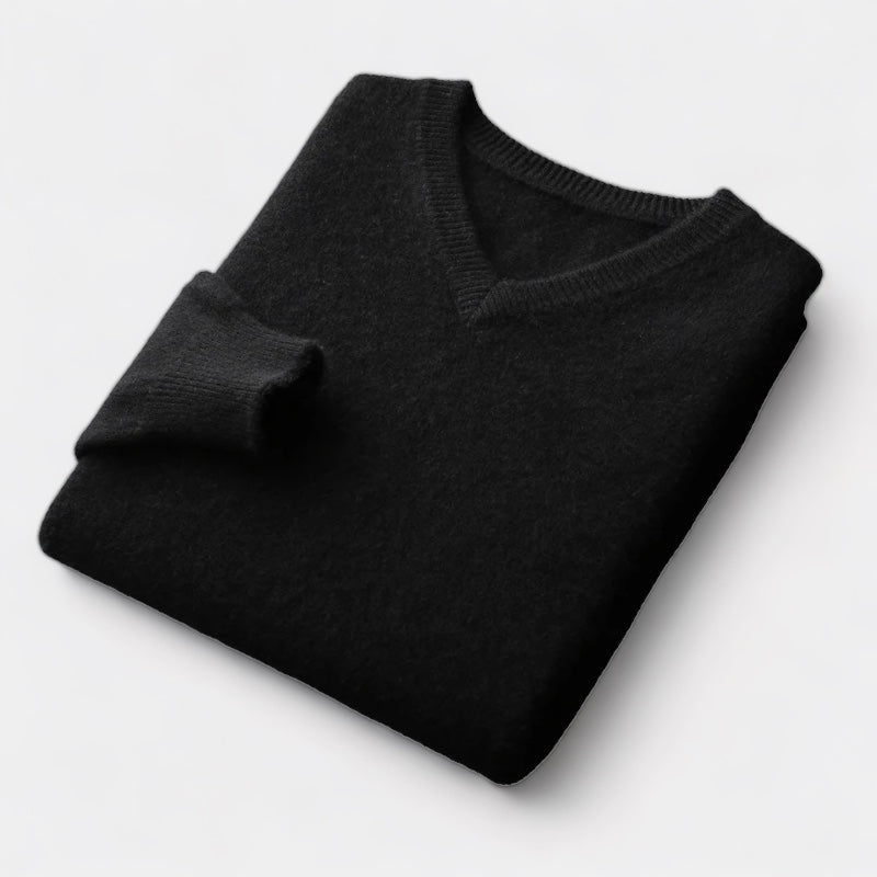 Men's V-Neck Jumper With Ribbed Neckline And Cuffs - Black