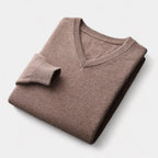 Men's V-Neck Jumper With Ribbed Neckline And Cuffs - Deep Camel