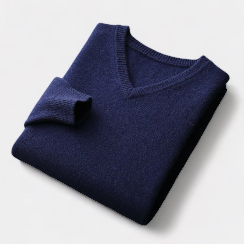Men's V-Neck Jumper With Ribbed Neckline And Cuffs - Navy