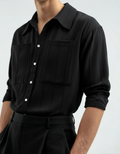 Men's Vertical-Stripe Shirt With Twin Chest Pockets - Black