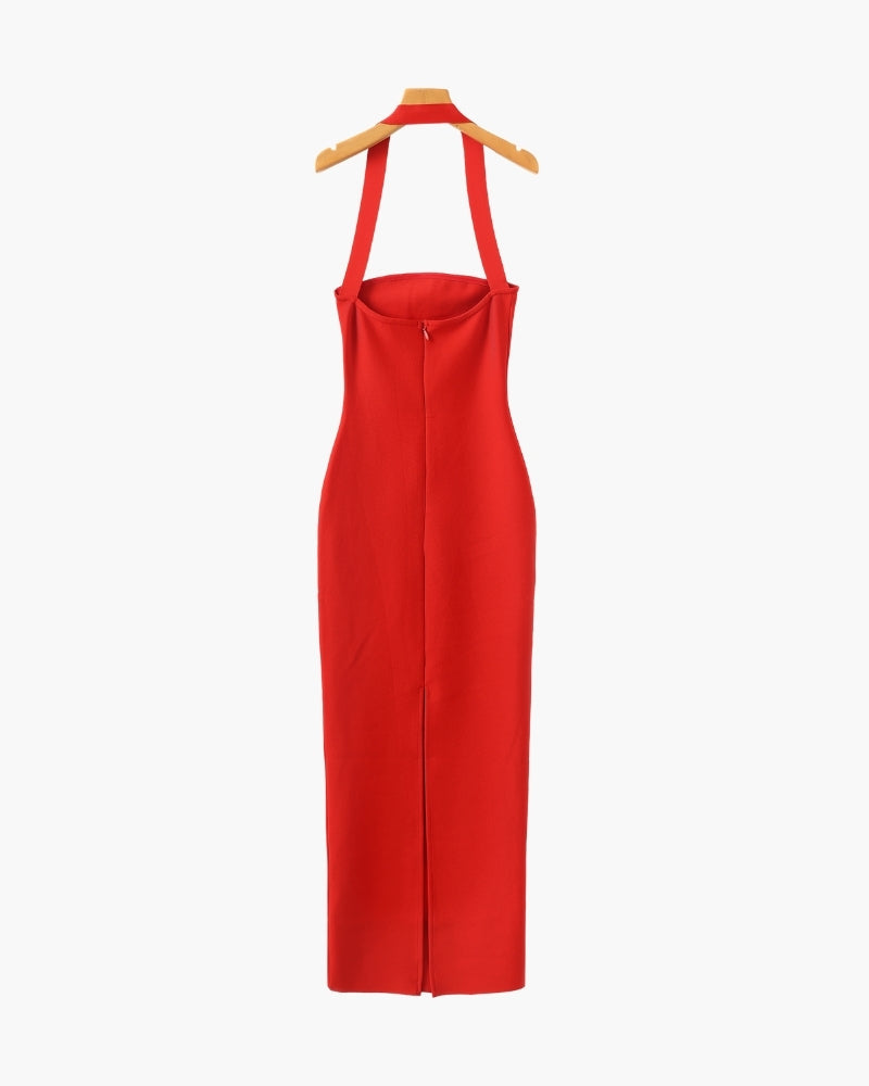 Women's Halter-Neck Long Dress With Straight Hem - Red