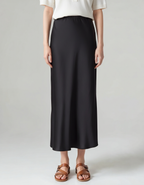 Women's Satin Bias-Cut Midi Skirt With Elasticated Waist - Black