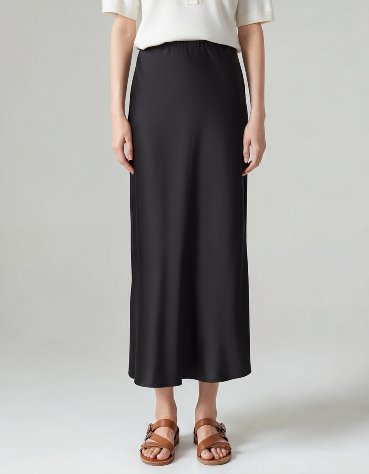 Women's Satin Bias-Cut Midi Skirt With Elasticated Waist - Black