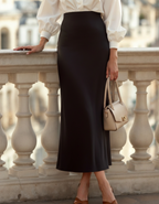 Women's Satin Bias-Cut Midi Skirt With Elasticated Waist - Black