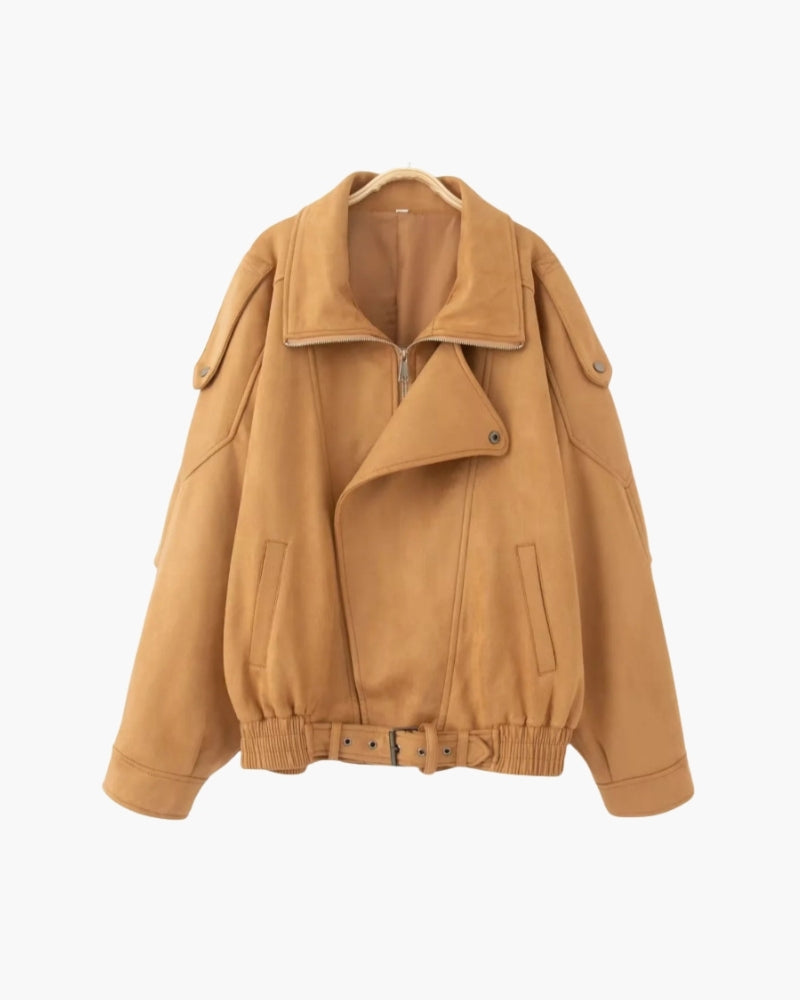 Women's Wide-Collar Jacket With Buckled Lower Hem - Beige